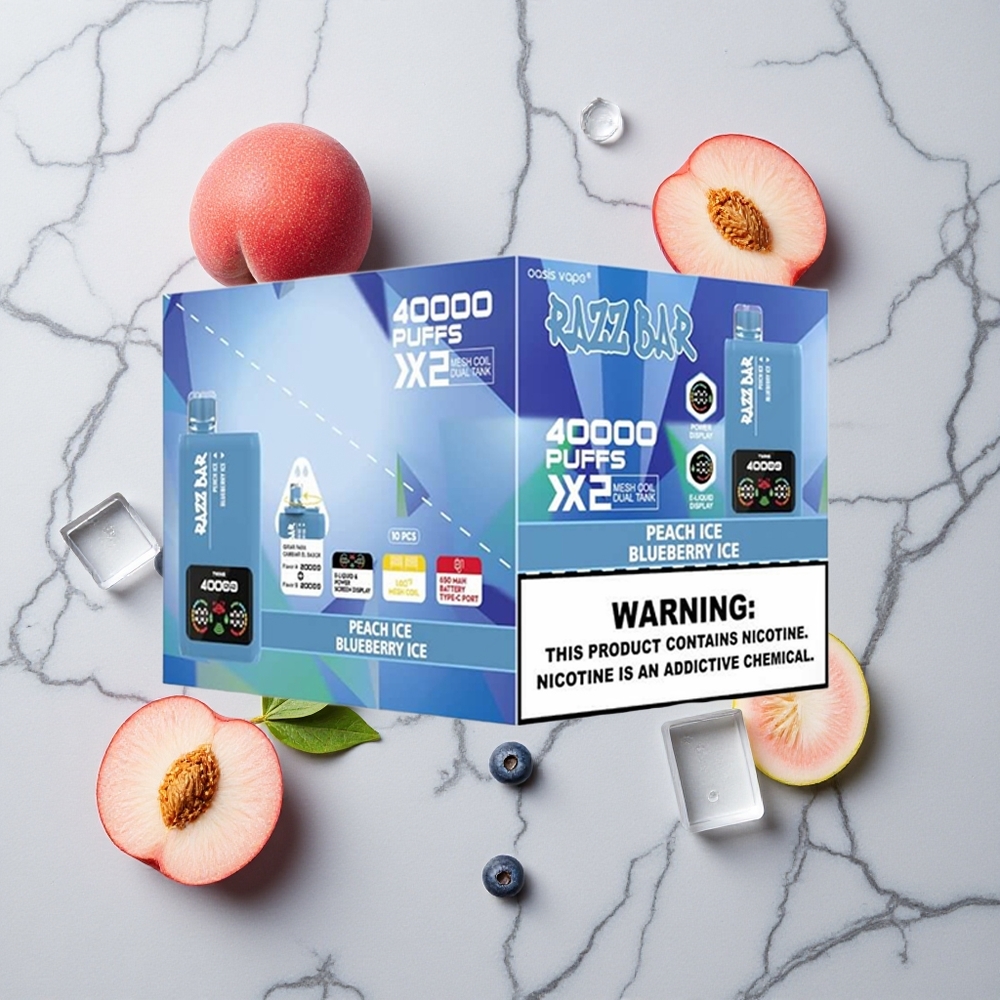 Razz Bar 40000 Caladas Melocotón Hielo/Arándano Hielo Pantalla de Potencia vape wholesale España